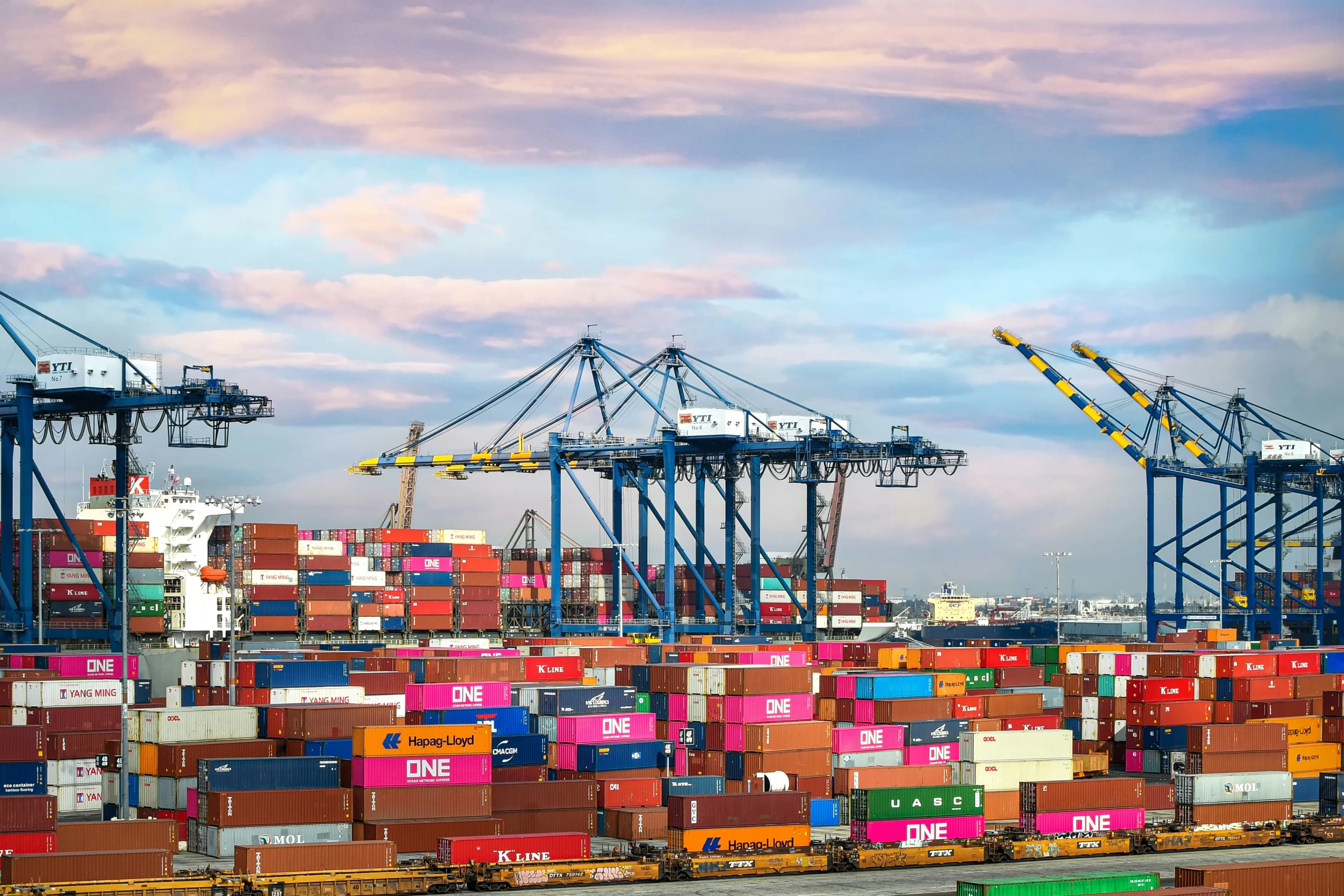 Port terminal with cargo vessel and waterfront operations